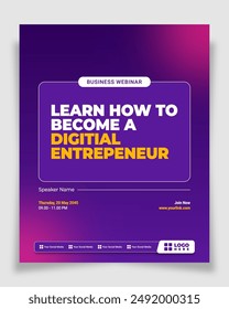 A captivating vector poster design for a business webinar. Featuring a gradient background from purple to pink, this design includes placeholders for the speaker's name, event date, time, join link, a