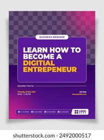 A captivating vector poster design for a business webinar. Featuring a gradient background from purple to pink, this design includes placeholders for the speaker's name, event date, time, join link.