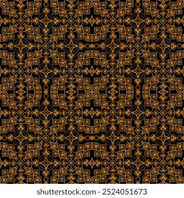 A captivating vector seamless pattern of gold geometric shapes on the dark background. The pattern is composed of diamonds, triangles, and circles, all intricately arranged to create a sense of depth