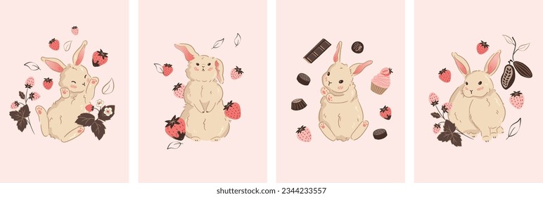 Captivating Vector Valentine's Day Cards: Featuring Heartwarming Illustrations of Adorable Rabbits and Little Bunnies - Ideal for Expressing Affection, Perfect for Greeting Cards, E-cards, Crafts