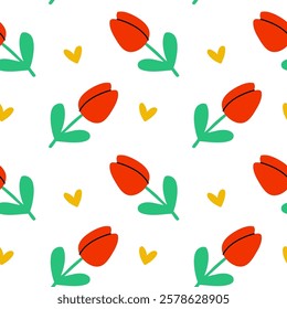 A Captivating Vibrant Floral Pattern Featuring Bold Red Tulips Surrounded by Green Leaves