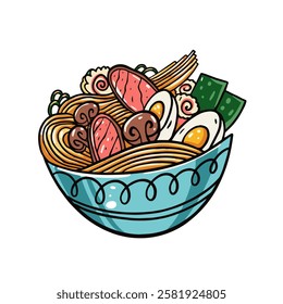 A captivating and vibrant illustration showcases a delicious noodle bowl that is overflowing with various toppings