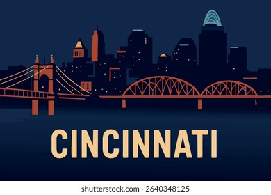 A captivating view of Cincinnati’s skyline at night, with the Ohio River and its iconic bridges illuminated against the dark sky, reflecting the city’s vibrant energy.