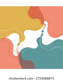 Captivating visual composition showcasing four distinct, organically rendered color blocks meeting in the center. These flowing shapes, utilizing yellow, terracotta, teal, and brown hues, frame negative white space with delicate linear accents and small droplet details suggesting fluid interaction and modern artistic balance.