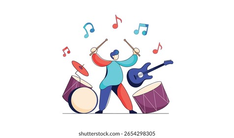 Visual cativante de um músico habilmente tocando bateria enquanto a guitarra flutua perto notas musicais energéticas dançar ao redor