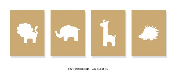 Captivating wall art with animal silhouette illustrations of elephants, giraffes, porcupines, and lions. Bright backdrop, perfect for printable kids wall art.