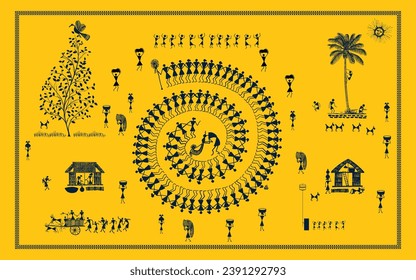 Captivating Warli Art: Celebrating Indian Traditional Dance, Joyful Village Life, and Cultural Happiness. Illustration, Vector, Drawing.