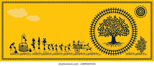 Captivating Warli Art: Embracing the Beauty of Indian Life. Illustration, Vector, Drawing.