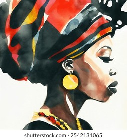 Captivating watercolor artwork of a black woman with an eye-catching turban and exquisite earrings vector design. Stunning painting of african woman with a beautifully designed turban and elegan