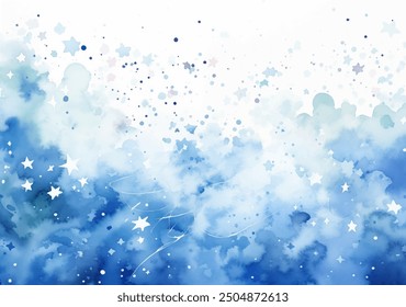 Captivating watercolor painting of dreamy blend of soft blues and whites, sense of ethereal beauty vector illustration. Vibrant hues delicately splattered, a starry night sky with glowing stars. 