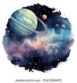 A cativante pintura em aquarela transporta os espectadores para as profundezas do universo. A nebulosa gira em fundo vetorial, cores cósmicas e escuridão do espaço. Majestic planeta com sistema de anéis