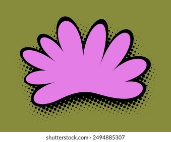 A captivating wide-format illustration displays a magenta floral shape with dark outlines, against a rich olive green background, enhanced with the dotted texture of pop art halftone 