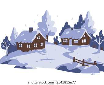 Uma cativante ilustração de vetor de paisagem de inverno, com árvores cobertas de neve, colinas geladas e um céu sereno e pastel. Flocos de neve suaves caem, acrescentando um senso de calma e beleza para o pacífico, fr