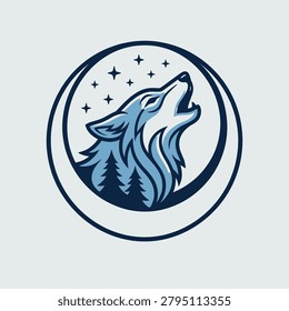 A captivating wolf howling at the moon within a forest circle, ideal for outdoor brands, nature conservation groups, and wilderness adventure organizations.