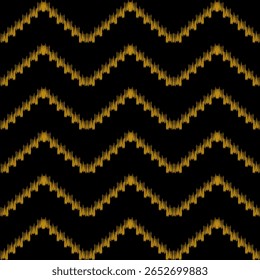 cativante padrão de zig-zag com um olhar texturizado, costurado à mão em amarelo dourado sobre um fundo preto.