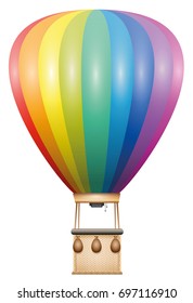 Captive Balloon - Rainbow Colored Flying Vehicle With Basket And Sandbags - Isolated Vector Illustration On White Background.