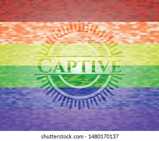 Captive emblem on mosaic background with the colors of the LGBT flag