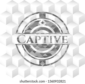 Captive grey badge with geometric cube white background