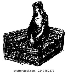 Captive witch girl sitting in a cart. Virgin Mary. Hand drawn linear doodle rough sketch. Black silhouette on white background.