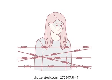 Captivity slavery and depression concept. Young sad depressed woman standing crying with barbed wire in front feeling no free and lonely vector illustration