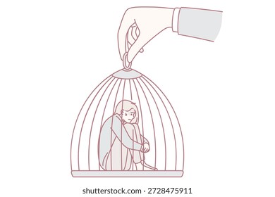 Captivity slavery and freedom concept. Young sad depressed woman sitting in cage which is held by huge human hand manipulating it vector illustration