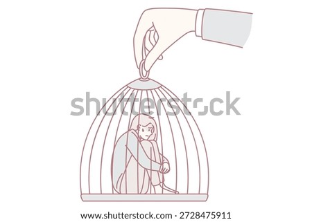 Captivity slavery and freedom concept. Young sad depressed woman sitting in cage which is held by huge human hand manipulating it vector illustration