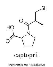 Captopril High Blood Pressure (hypertension) Drug. An Angiotensin-converting Enzyme Inhibitor (ACE Inhibitor) Skeletal Formula.
