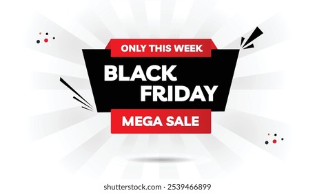 Capture a atenção com este modelo de banner de venda mega Black Friday, com um impressionante gradiente branco claro para preto escuro, um fundo branco nítido e formas vermelhas atraentes, perfeitas para dirigir 