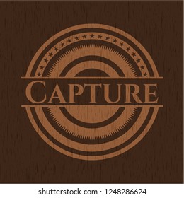 Capture badge with wood background