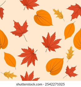 Capture the beauty of fall with this seamless pattern featuring a vibrant array of autumn leaves in warm tones. 