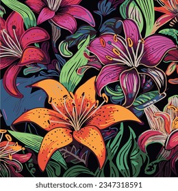 Capture the beauty of nature with a colorful lily pattern in a whimsical and playful drawing style