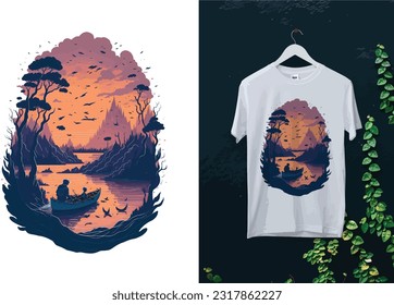 Capture the breathtaking beauty of a tranquil sunset with this stunning T-shirt design. Inspired by the awe-inspiring colors and peaceful ambiance of a setting sun, this design is sure to evoke a sens