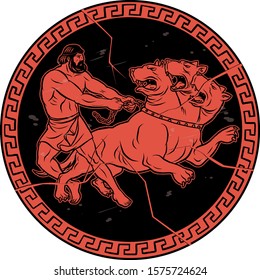 Capture and bring back Cerberus. 12 Labours of Hercules Heracles. Myths Of Ancient Greece illustration svg