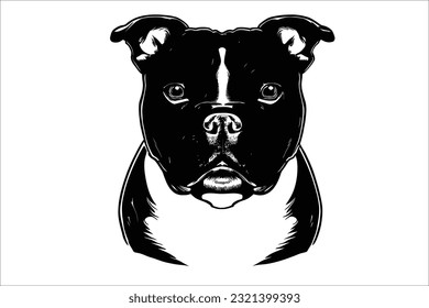 Capture the captivating essence of a Staffordshire Bull Terrier's head. This dog breed exhibits strength and loyalty through its expressive eyes and muscular features