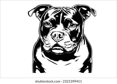 Capture the captivating essence of a Staffordshire Bull Terrier's head. This dog breed exhibits strength and loyalty through its expressive eyes and muscular features