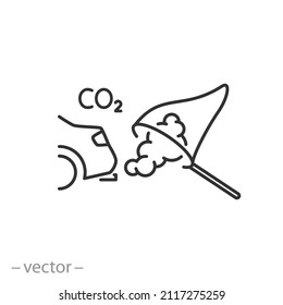 capture co2 car emission icon, decarbonize smoke, exhaust carbon compensate or convert, reduce air pollution, thin line symbol on white background - editable stroke vector illustration