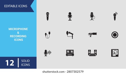 Capture crisp audio recordings with this microphone and recording solid icon set designed for live journalism media interviews and professional vocal sound studios