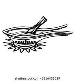 Capture cultural authenticity with this clean line art vector illustration of a traditional South Asian cooking vessel and ritual implement layout. Styled in the distinctive aesthetic of festive folk art like Alpona, this design highlights a decorative pot resting on an ornate floral base ring with an elegantly patterned ladle or winnowing fan handle resting inside. Rendered in a crisp black outline against an isolated white background, this graphic is perfect for cultural festival banners, traditional wedding invitations, culinary heritage books, and ethnic craft stencils.#TraditionalArt #AlponaDesign #FolkIllustration #LineArtVector #CulturalHeritage #SouthAsianCulture #WeddingRitual #GraphicElement #CraftStencil