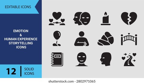 Capture deep feelings and expressions with this emotion and human experience storytelling solid icon set tailored for psychology blogs and apps.