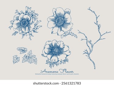 Capture the delicate beauty of nature with this hand-drawn illustration of an Anemone flower accompanied by soft leaves and branch accents