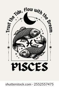 Capture the dreamy and intuitive essence of Pisces with this whimsical Design vector illustration for T-shirts, mugs, typography, poster and more. Zodiac characteristic. 