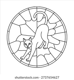 Capture the elegant silhouette of a stretching cat set within a vibrant, circular stained glass window mosaic. This handcrafted design features rich, luminous colors and intricate textures, making it a perfect artistic focal point for pet lovers and art enthusiasts.