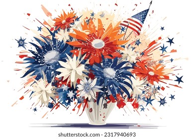 
Capture the essence of 4th of July with this striking image featuring the USA flag Patriotic flowers bouquet with fireworks and flags illustration.