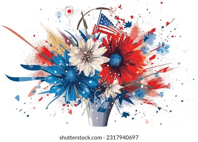 
Capture the essence of 4th of July with this striking image featuring the USA flag Patriotic flowers bouquet with fireworks and flags illustration.