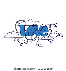 Capture the essence of love! Embrace hand-drawn blue lettering against a serene backdrop of clouds and hearts, a perfect Valentine's Day expression.