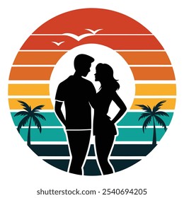 Capture the essence of romance with this stunning line art silhouette of a couple in love against a retro vintage background. Perfect for logos, icons