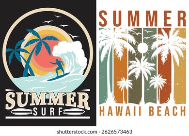 Capture the essence of summer with these vibrant vector designs featuring surfing, Hawaii beaches, palm trees, and tropical sunsets. Perfect for logos, t-shirts, and travel themed artwork.