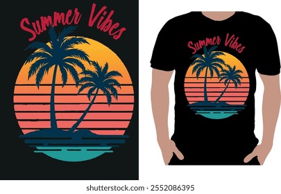 Capture the essence of summer with this stylish "Summer Vibes" T-shirt featuring a vibrant sunset design, palm trees, and tropical island vibes.