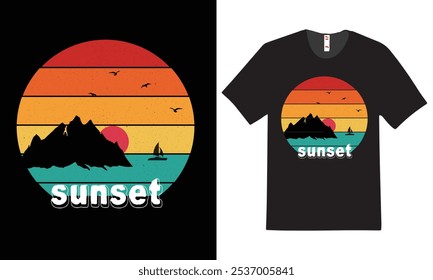 Fangen Sie das Wesen der Ruhe mit unserem atemberaubenden Sonnenuntergang T-Shirt-Design! Diese lebendige Grafik zeigt einen atemberaubenden Farbverlauf von warmen Orangen, 