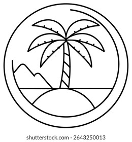 Capture the essence of tropical bliss with this minimalist vector illustration. Featuring a sleek, black and white outline of a palm tree and island landscape enclosed within a circle.